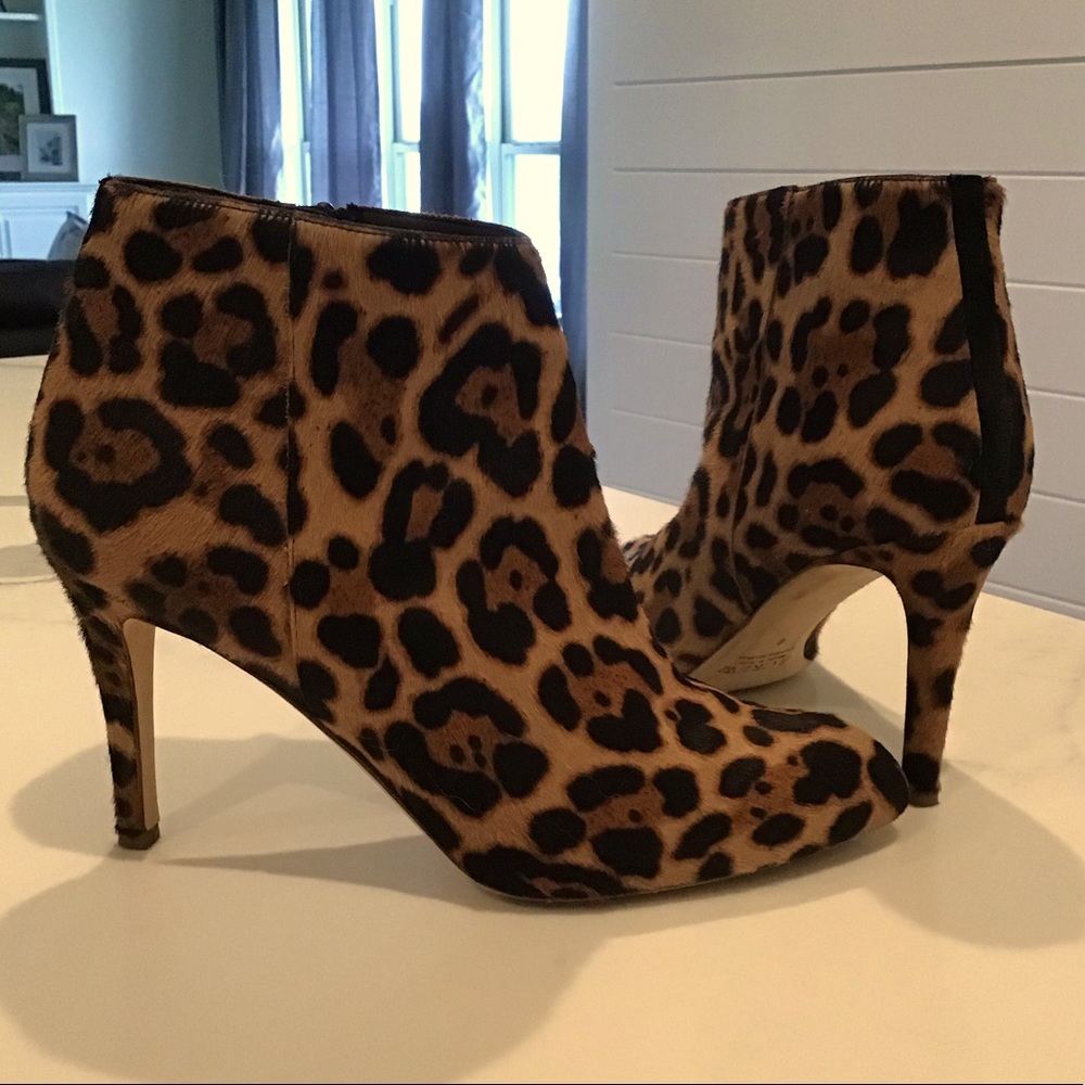 Jcrew calf hair leopard print stiletto booties